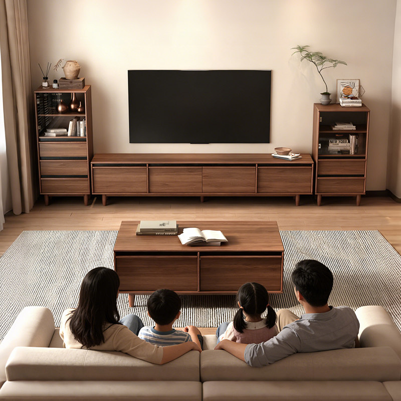 中古风实木电视柜茶几组合边柜储物柜一体客厅家用2026新款落地柜