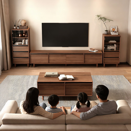 中古风实木电视柜茶几组合储物