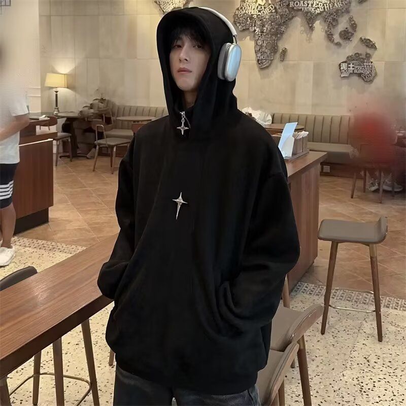 2025新款美式潮牌宽松慵懒风情侣外套秋冬重磅加绒纯色连帽卫衣男