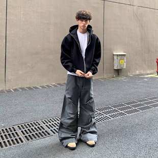 美式高街重磅短款连帽卫衣男女潮牌新款分割线条廓形拉链外套上衣