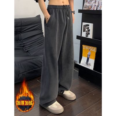 美式复古宽松慵懒风加绒直筒裤加厚休闲卫裤男款秋冬季阔腿棉裤子