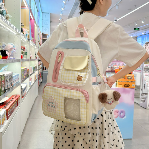 多巴胺格子双肩包女学生书包高颜值ins大容量透明痛包初中生背包