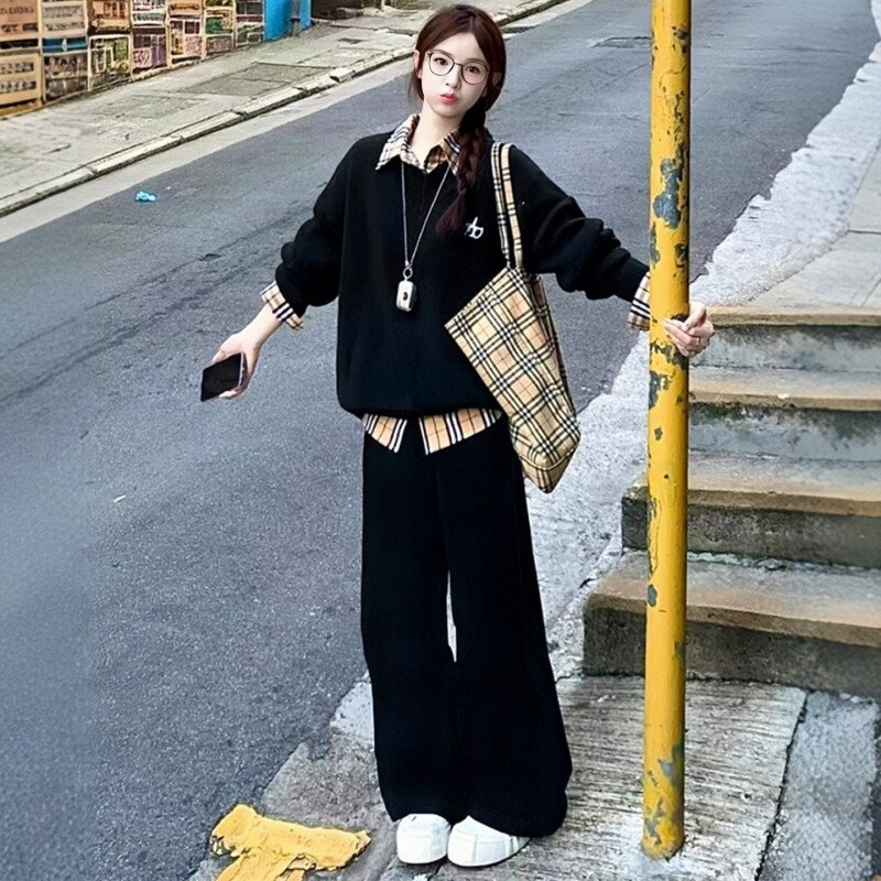 高级感穿搭#假两件卫衣洋气套装图片