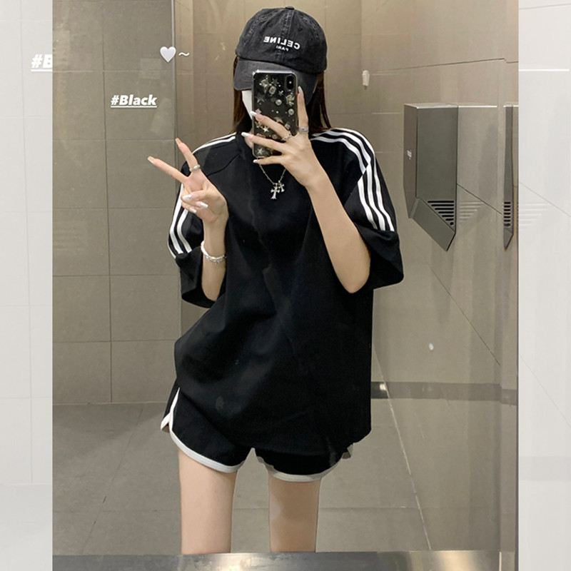撞色休闲运动套装女夏季宽松显瘦短袖短裤学生韩版时尚气质两件套