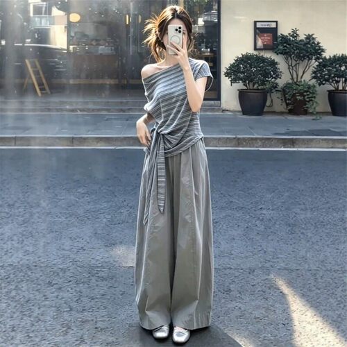 高级感复古条纹露肩运动套装女夏韩系阔腿裤宽松显瘦休闲两件套潮