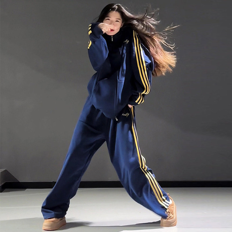 美式炸街一整套卫衣运动套装女春秋跑步服韩系宽松盐系休闲两件套