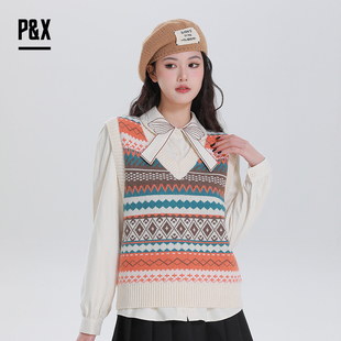 上衣学院风温柔套装 PX女装 马甲衬衣两件套短款 春季 女针织毛衣 新款