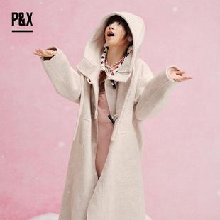 大衣女宽松舒适外套 P&X 杏花香 冬季 通勤少女感连帽双面呢长款