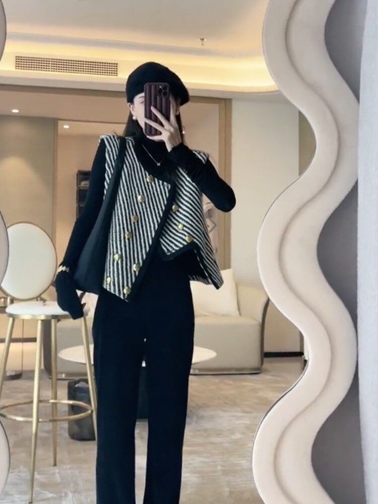 2023 AUTUMN NEW HIGH-END SENSE OF SMALL FRAGRANCE WIND IRREGULAR DIAGONAL STRIPE VEST WOMENS DESIGN SENSE NICHE CHIC COAT