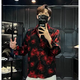 韩版潮流满天星印花衬衫男士ins高级感烫金大尖领垫肩长袖衬衣男