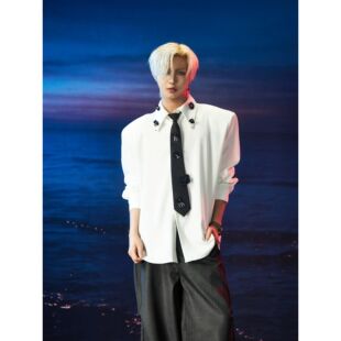 韩版痞帅潮流高级感重工珠片花朵领带衬衫男宽松休闲垫肩个性衬衣