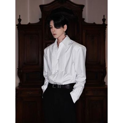 2025春秋新款褶皱垫肩衬衫潮流男