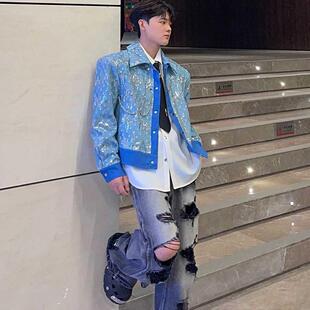 夜店外套男士金属牛仔宽松金属链条装夹克破洞亮片高级感潮流上衣