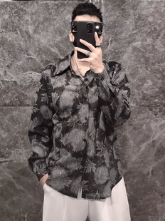 韩版潮流时尚小众设计枫叶印花衬衣夏季新款半透明个性痞帅衬衫男