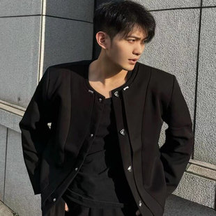 秋季设计高级感金属扣夹克外套你男款小众宽松痞帅无领解构上衣男