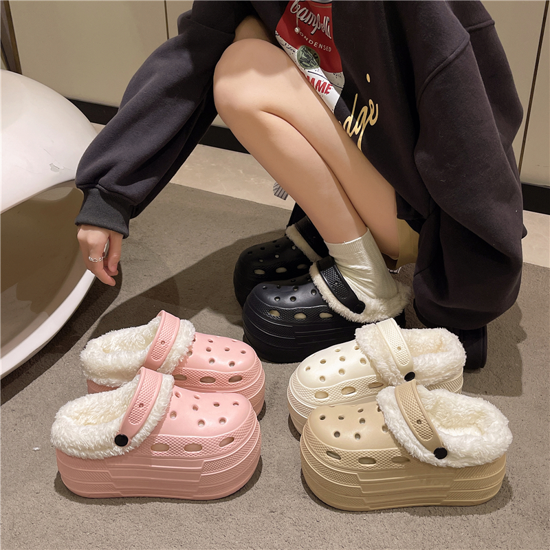 新娘鞋冬季高跟加棉加绒8cm洞洞鞋女小个子增高医用上班包头鞋女