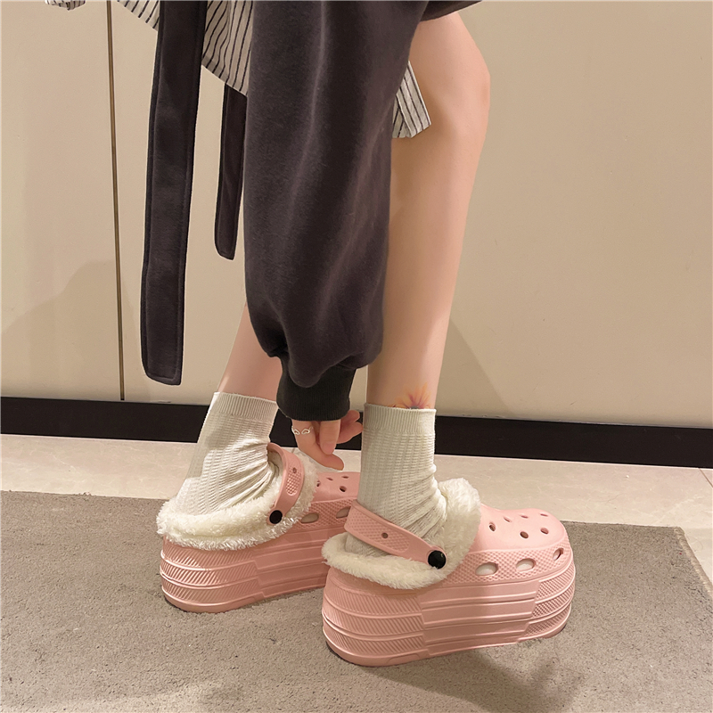 秋冬季高跟厚底加棉加绒8cm洞洞鞋女小个子增高医用上班包头鞋女