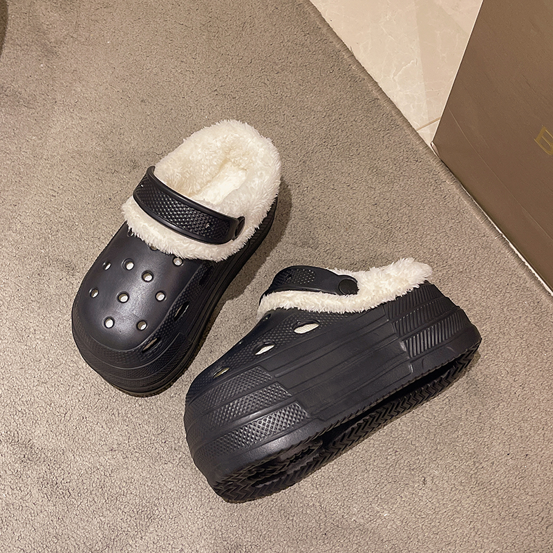 秋冬季高跟厚底加棉加绒8cm洞洞鞋女小个子增高医用上班包头鞋女