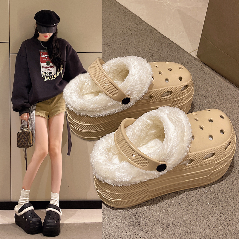 婚鞋新娘鞋冬季加绒8cm洞洞鞋主婚纱神器结婚小个子增高包头鞋女