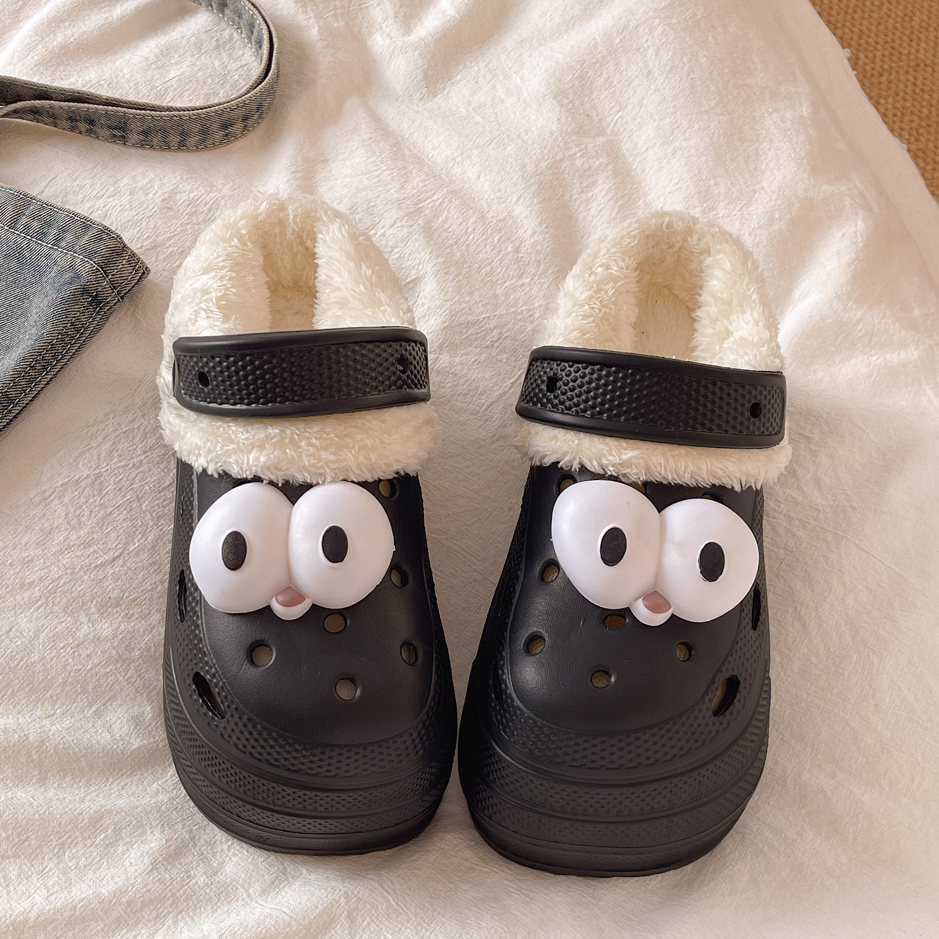 秋冬季高跟厚底加棉加绒9cm洞洞鞋女小个子增高医用包头棉拖鞋女