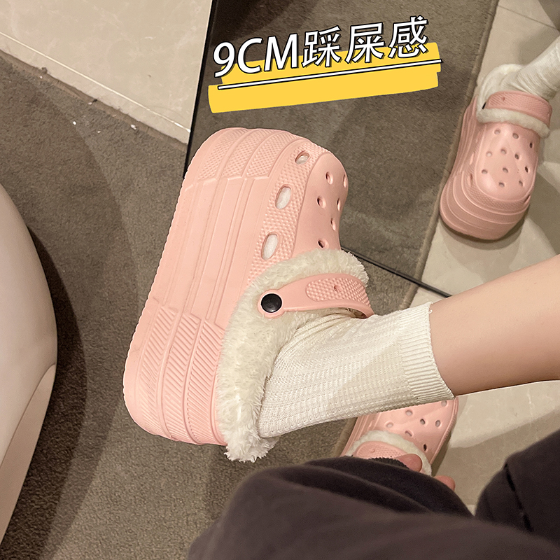 秋冬季高跟厚底加棉加绒8cm洞洞鞋女小个子增高医用上班包头鞋女