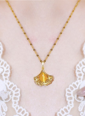 轻奢高级感咖色猫眼石银杏叶项链