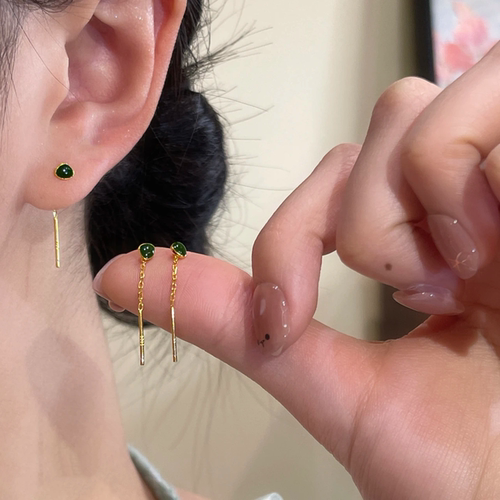 925银针气质绿色滴釉耳线小众女