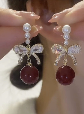 蝴蝶结红色珍珠耳环轻奢高级感银针珍珠耳钉耳坠气质秋冬新年耳饰