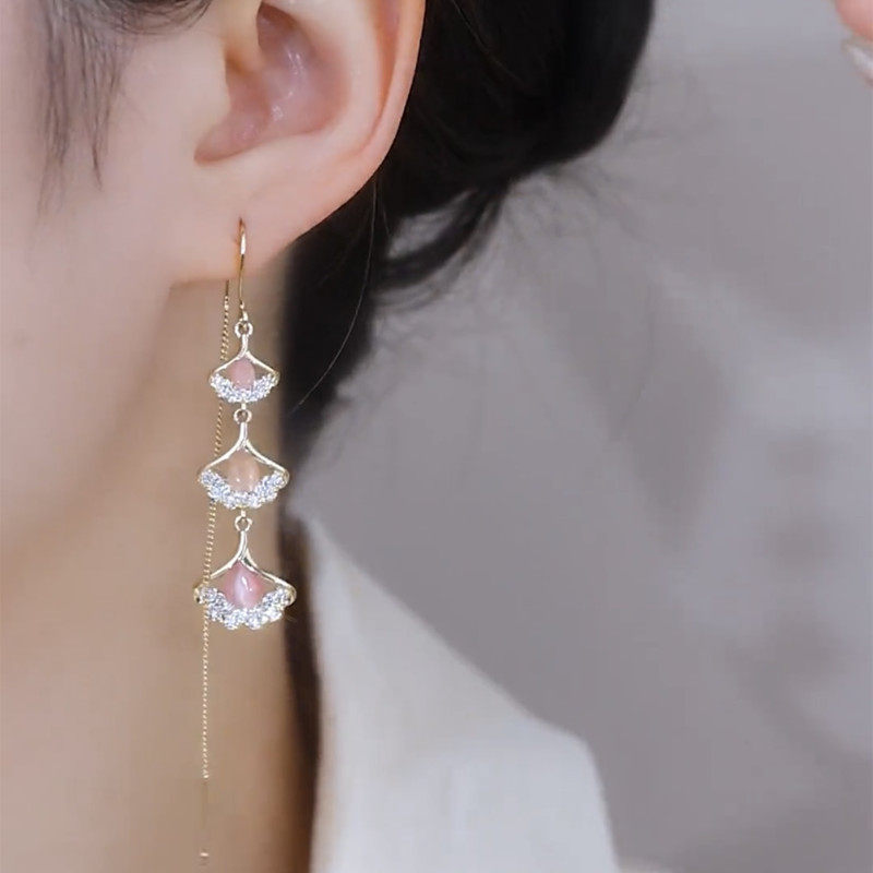 超仙粉色猫眼石银杏叶耳线耳饰女