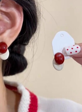 复古滴釉红色撞色豆豆耳钉2024新款高级感耳环气质两戴银针耳饰女