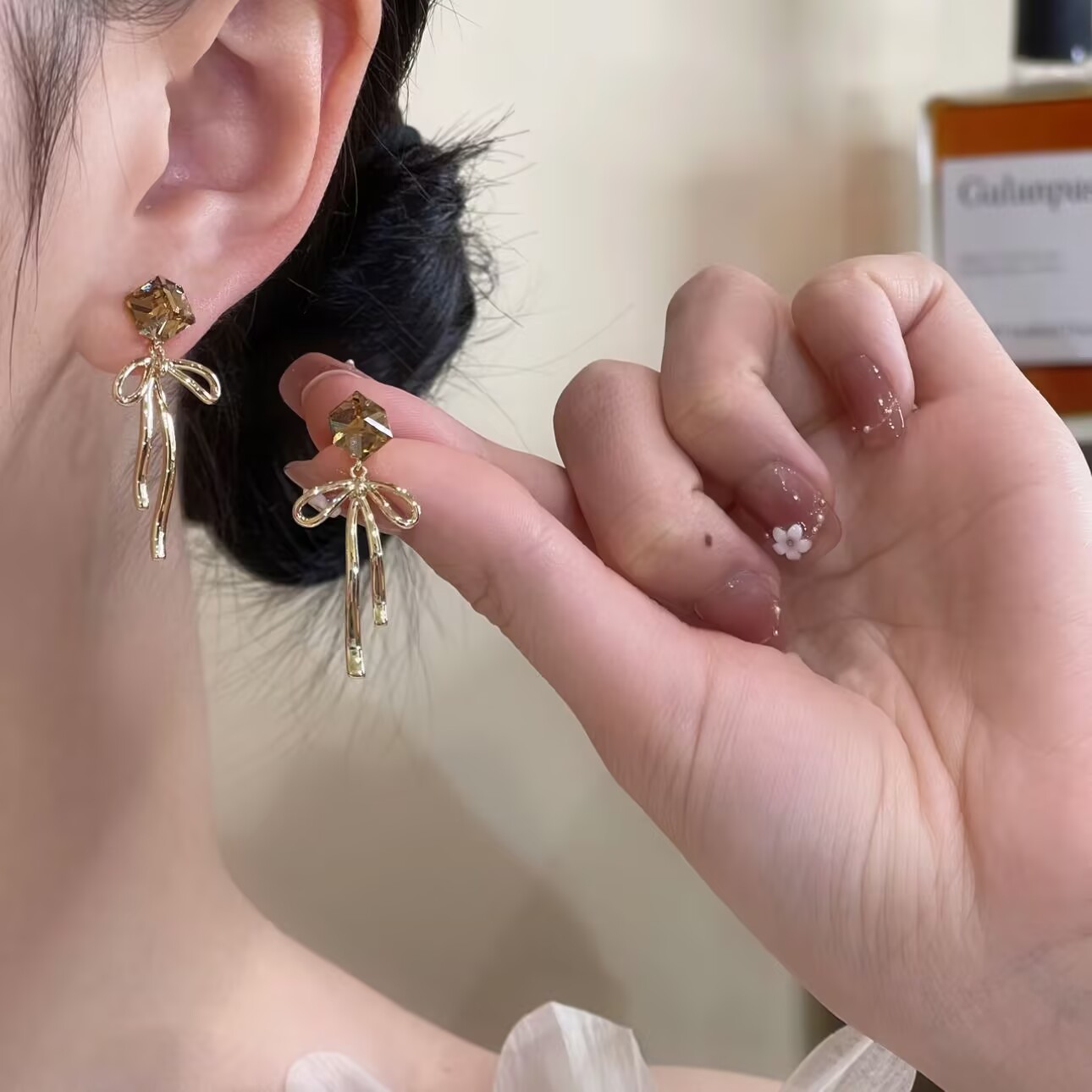 925银针香方糖水晶蝴蝶结耳环女