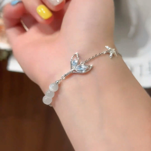 韩版蓝色鱼尾人鱼之泪猫眼石手链时尚气质小众轻奢百搭设计感手镯