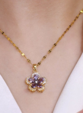 新款夏天紫色锆石花朵项链女小众