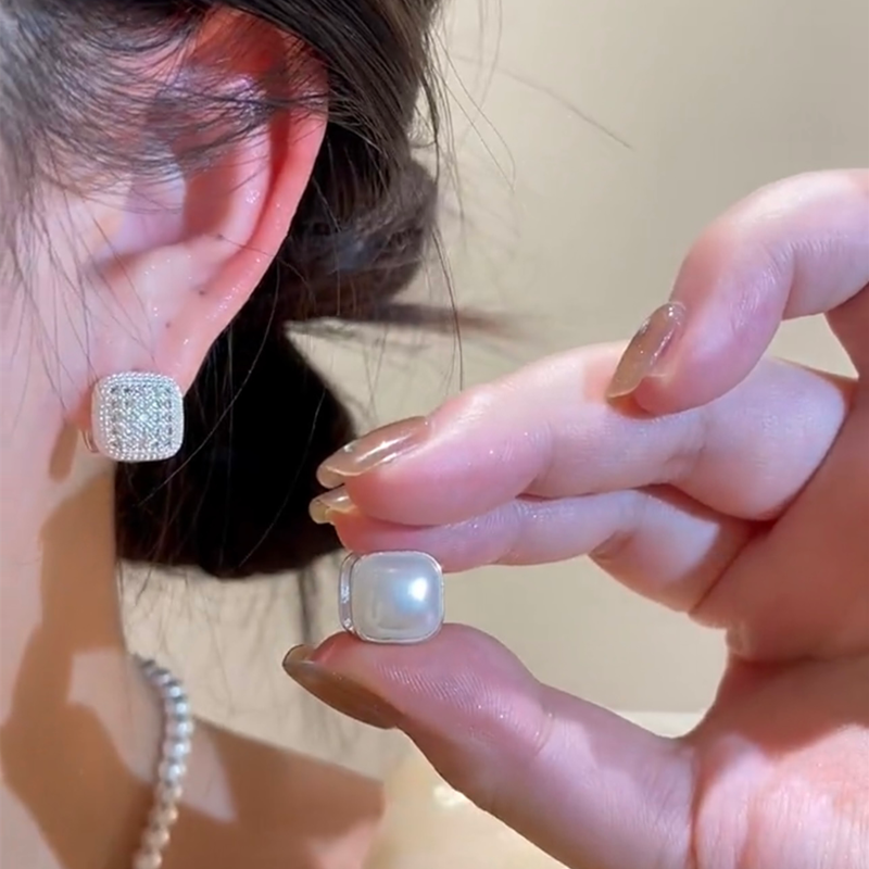 法式小众设计感镶钻方形珍珠耳扣