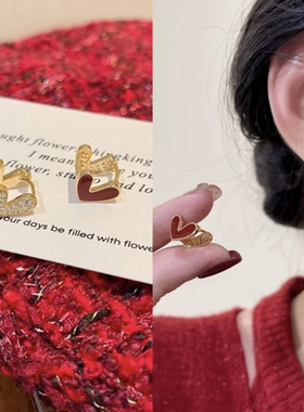 925银针红色微镶满钻双面爱心耳扣小众气质精致百搭耳环轻奢耳饰