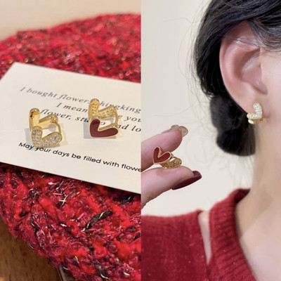 925银针红色满钻双面爱心耳扣女