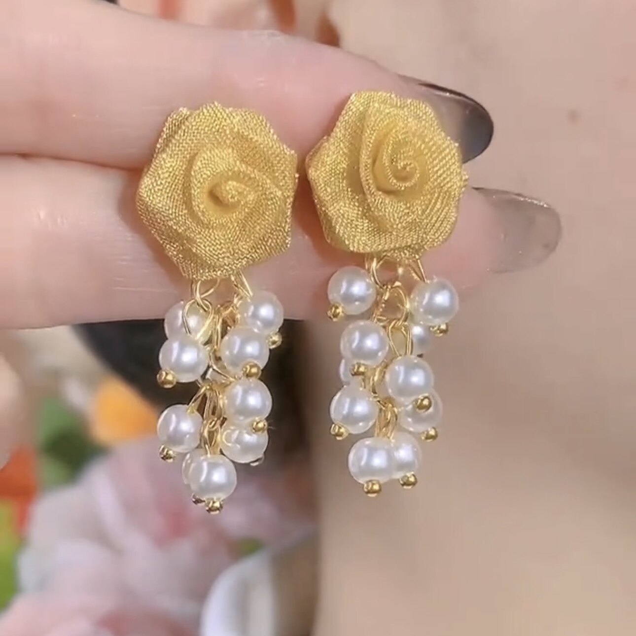 法式轻奢玫瑰花珍珠流苏耳环