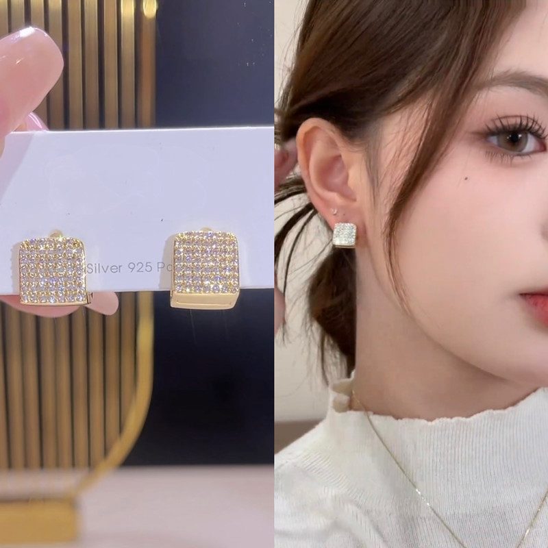 微镶满钻几何方形双面耳扣女耳环