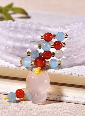 纯天然冰种白玛瑙圆珠6mm4圈加狐狸手链