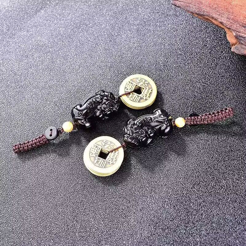 天然金耀石 彩耀石 冰种黑曜石招财貔貅铜钱钥匙扣 搭配金虎眼石