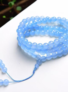 天然蓝玉髓多圈手链 蓝玉髓108颗佛珠念珠手串 蓝色饰品礼物