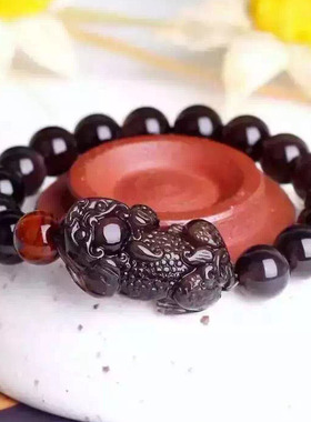 天然冰彩黑曜石貔貅手链