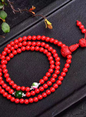 天然红朱砂108粒佛珠手链 108颗朱砂手串 朱砂莲花手串