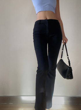BERAN 欧美小众复古ins性感中腰下摆开叉紧身微喇纯黑色九分裤