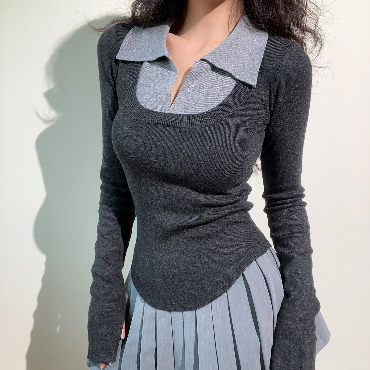 BERAN POLO翻领学院气质百搭撞色假两件薄款长袖打底针织衫上衣