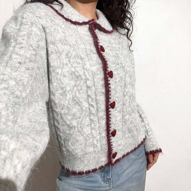 BERAN 秋冬复古可爱翻领爱心纽扣撞色花边麻花纹长袖针织开衫上衣