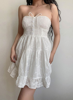 BERAN南法假日甜美白色提花收腰平口A字散摆抹胸系带连衣裙小礼服