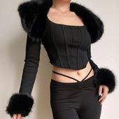 高腰短款 BERAN 欧美风易梦玲复古性感毛毛领披肩开衫 纯背心两件套