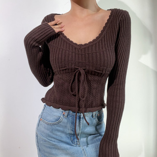 BERAN 法式复古深V领花边镂抽绳空收腰系带长袖打底针织衫上衣女