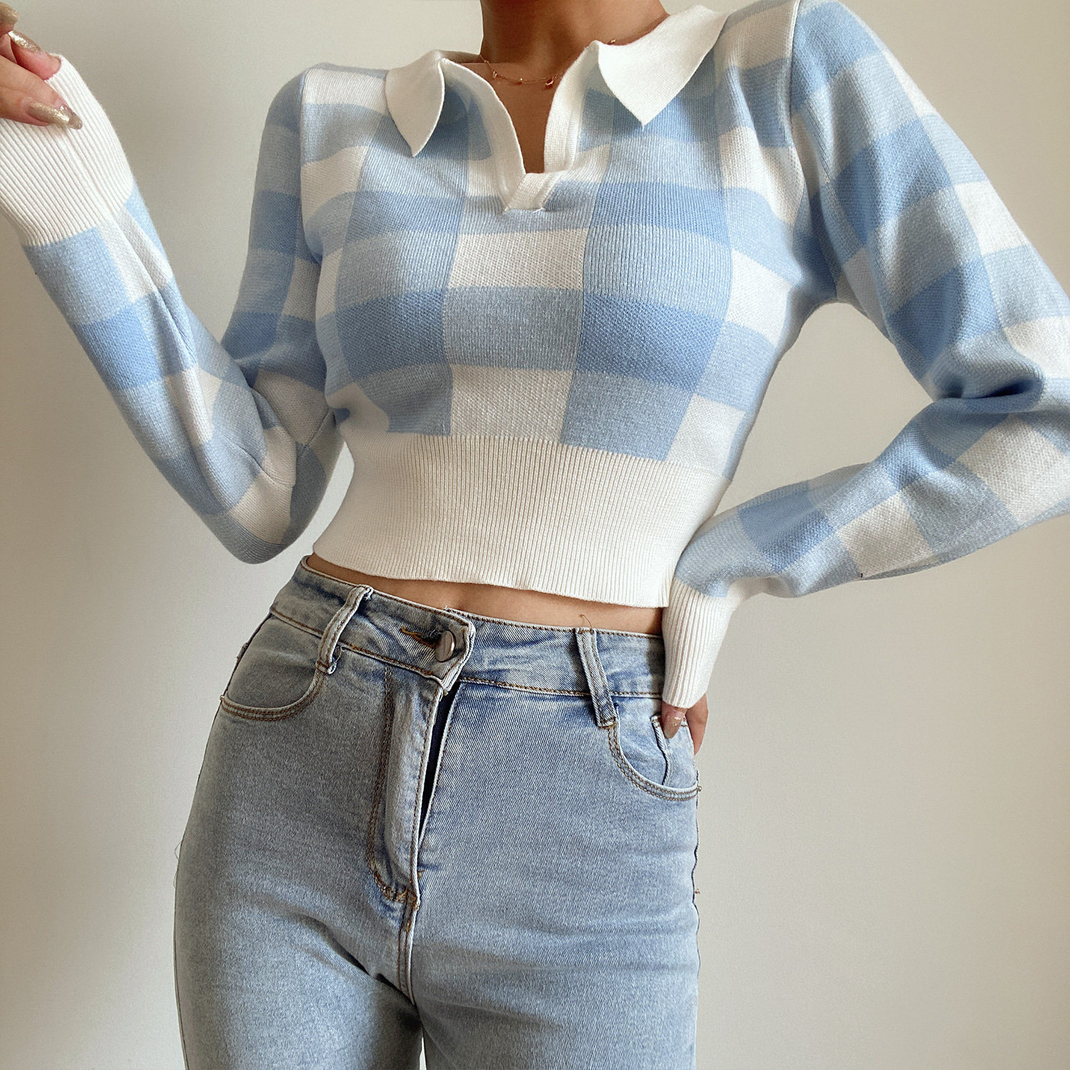 翻领拼色棋盘格子长袖针织衫上衣